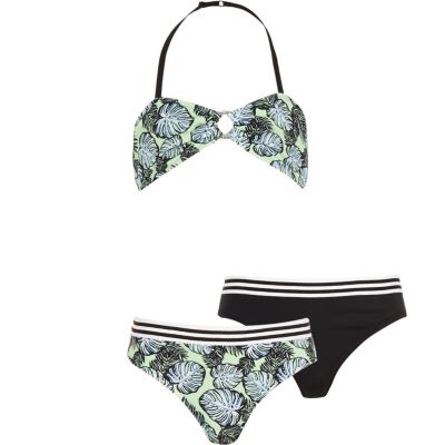Girls green print 3 piece bikini set